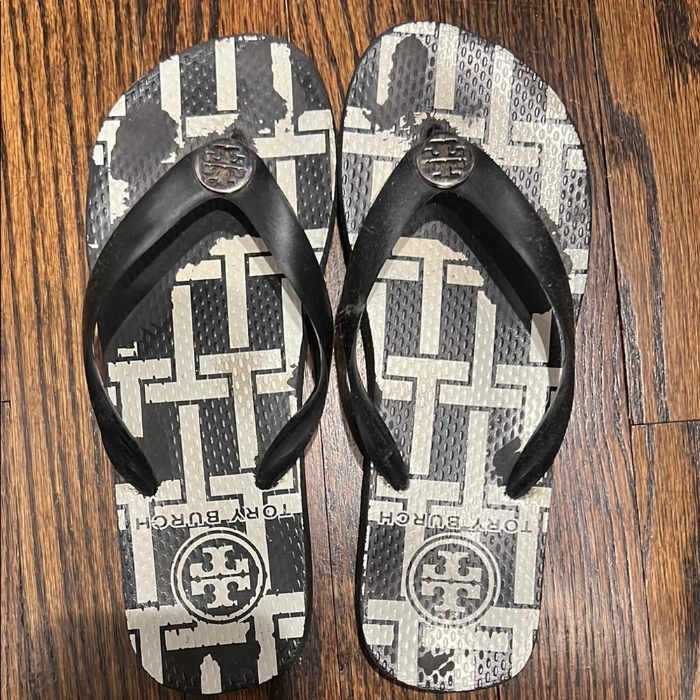 Tory Burch Black and White Flip Flops